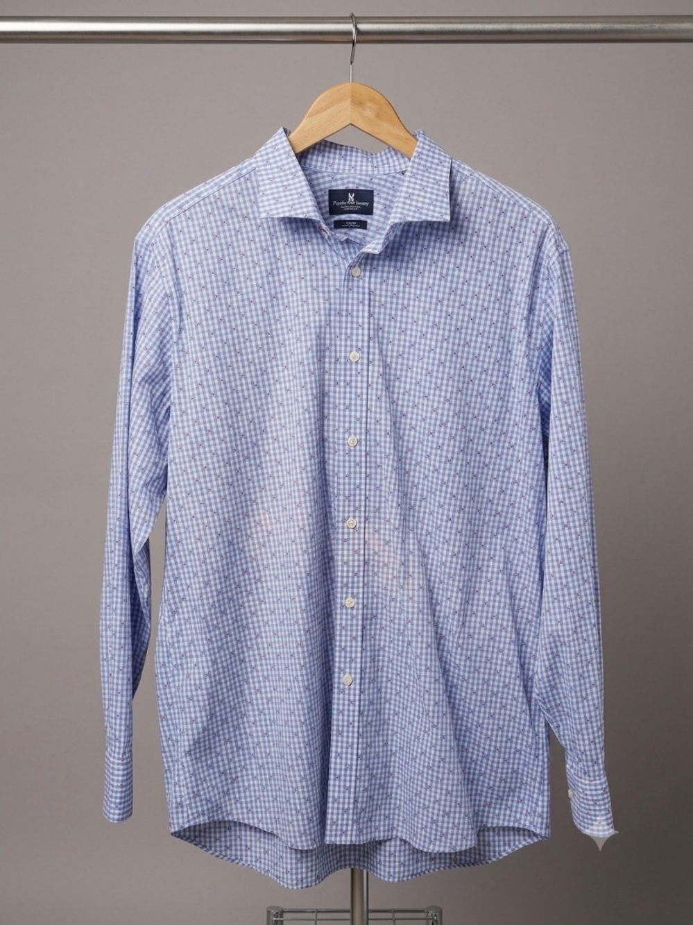 Psycho Bunny 17 34/35 Modern Fit Stretch Non Iron Dress Shirt Blue Gingham XL
